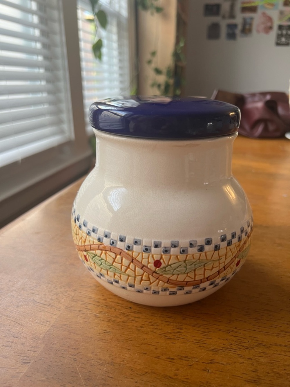 Ceramic Canister with Blue Lid and Mosaic Leaf Border